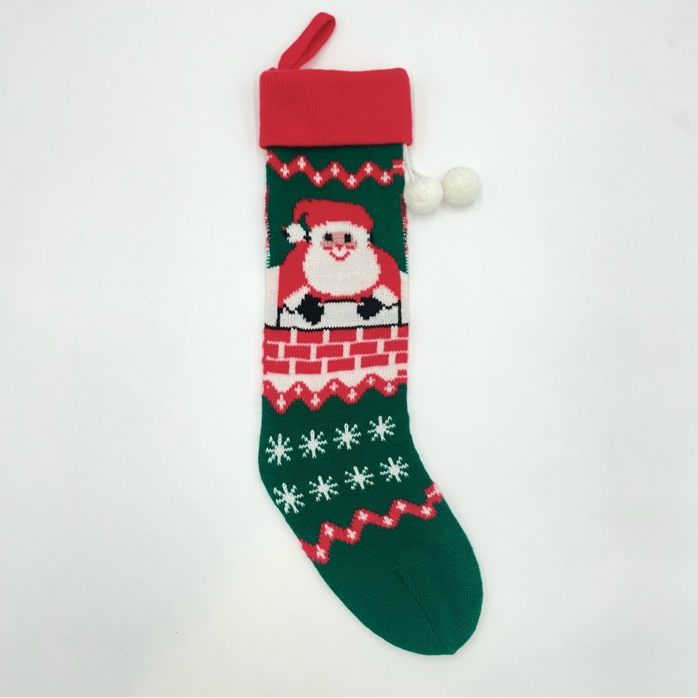 Vintage Christmas Stocking Santa‎ Chimney Pom-Poms Red Green Holiday Decor Knit